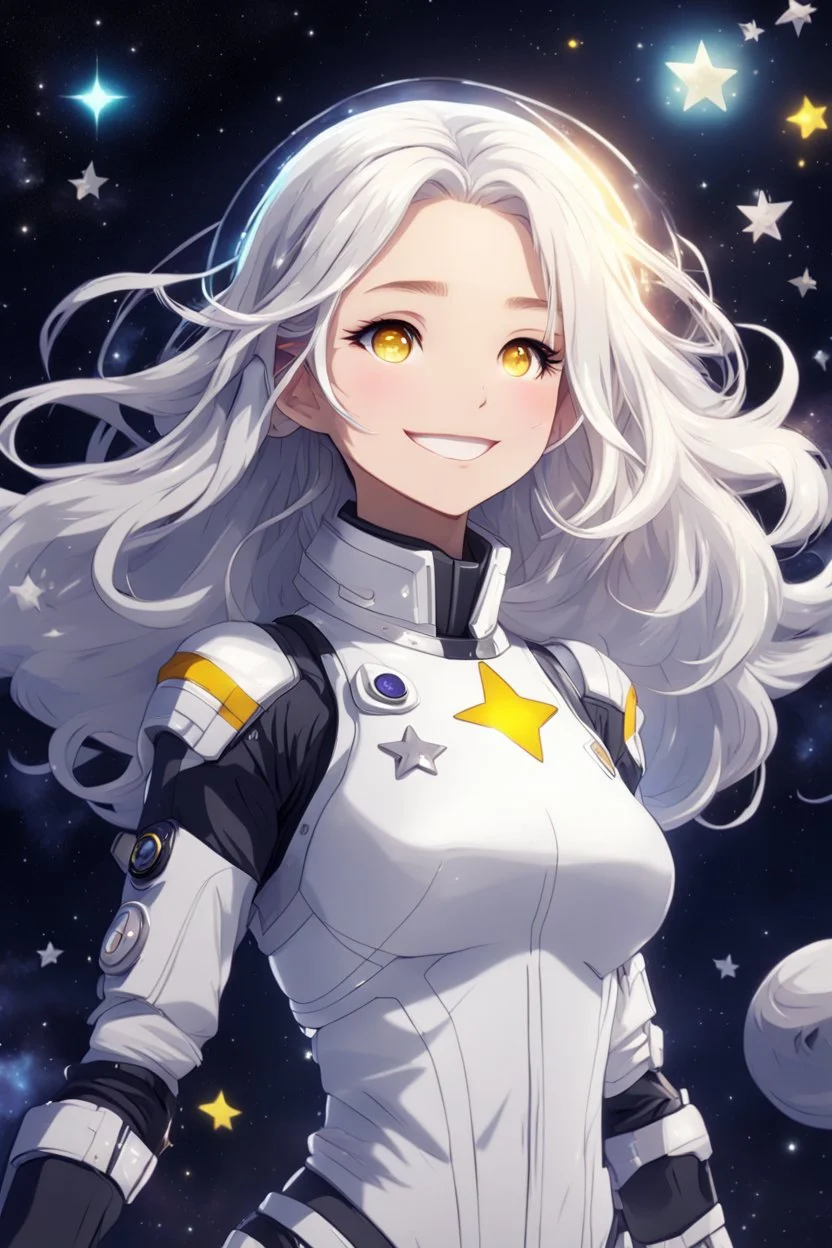 Space girl, has medium white hair with the center part of it black, has yellow eyes, is in space flying on top of a star, she wears a blouse and doesn't need a helmet to fly in space, She smiles calmly, Anime style