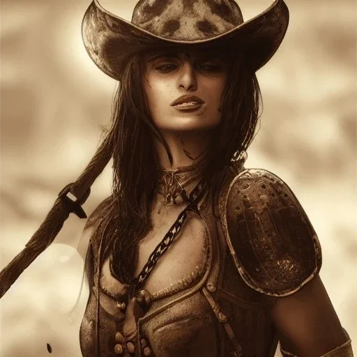 best quality, realistic lighting, masterpiece portrait of Penélope Cruz, details, light dusting of freckles, cowboy shot from above, simple chain hauberk, warhammerVector art matte painting digital illustration 3D shading CryEngine Behance HD 3Delight