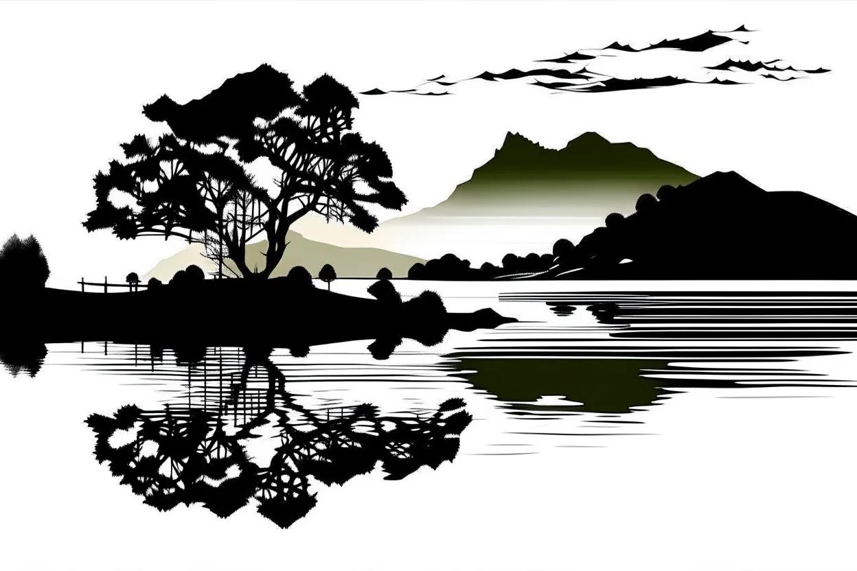 silhouette white background of beatuful scenic picture lake distric cumbria from a distance scenery painting