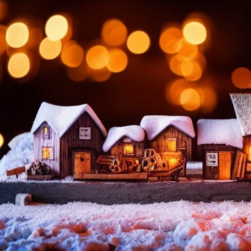 tiny fantasy farming village at night with wooden buildings in winter moonlight