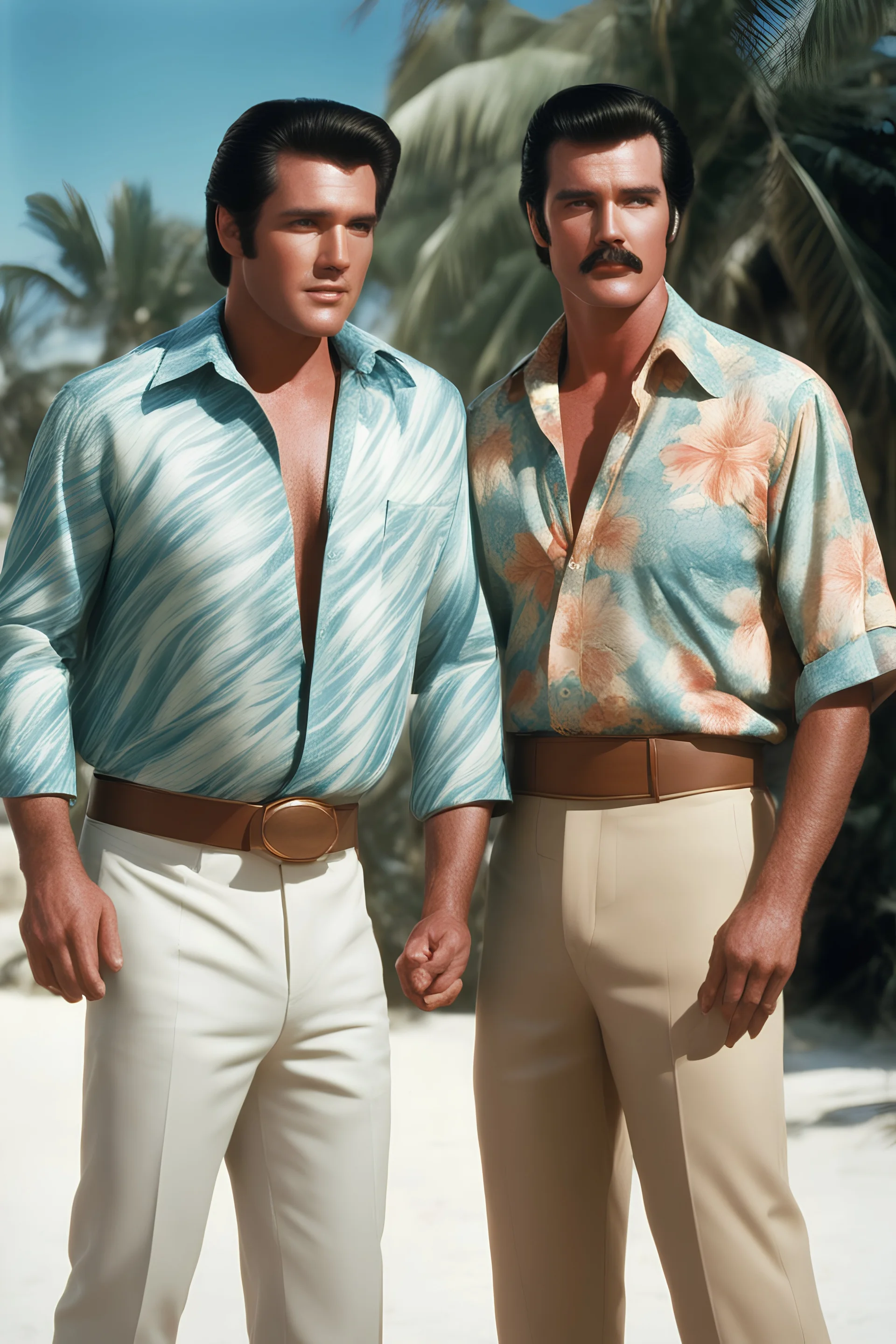 Elvis Presley/Lee Majors/George Reeves with medium length bob-styled brown hair, a mustache, wearing a Hawaiian shirt and Bermuda shorts- well-lit, UHD, 1080p, professional quality, 35mm photograph by Scott Kendall