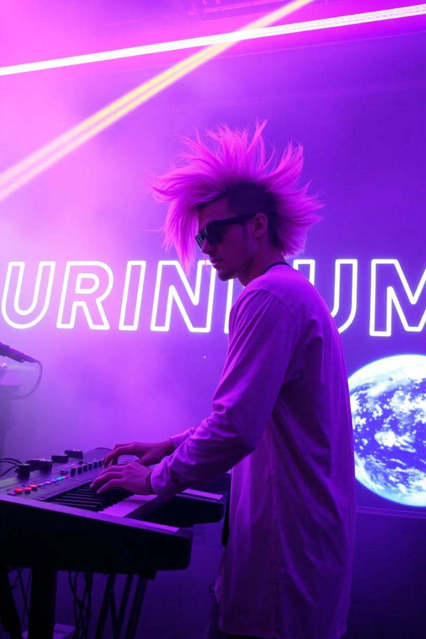 French cool synth player with crazy techno acid hair, he is called "Jean-Maurice Brûlée" performing at dance club, his name is "Jean-Maurice Brûlée" , white and purple Neon lights and purple smog, yellow water shower rain sprays, and "URINIUM" big sign on the wall, he is playing on synthesizers on stage with lot of laser beams and wearing black sunglasses, an earth is projected in background