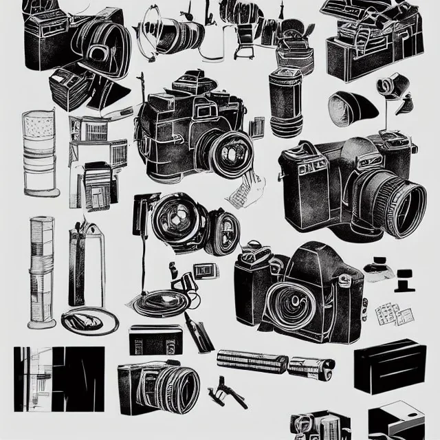 elements of photographic equipment. poster graphics. high detailed. ink and acrylic.