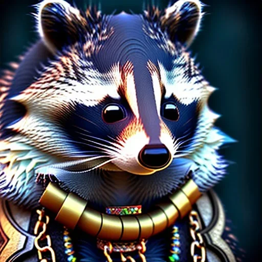 portrait of a female anthropomorphic raccoon with tribal and metallic jewelry. unreal engine 5, artistic lighting, highly detailed, photorealistic, fantasy.