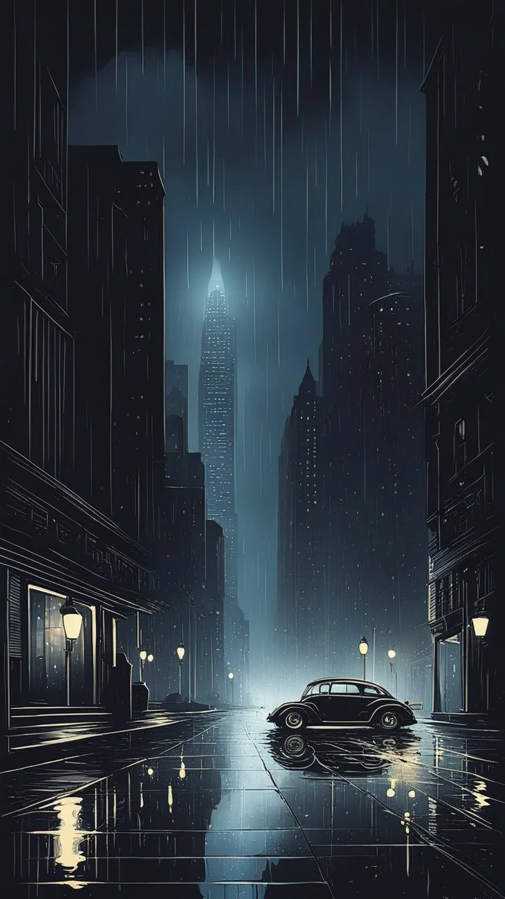 An atmospheric, noir-style illustration of a rainy cityscape at night, featuring glowing streetlights reflecting off the wet pavement, towering Art Deco skyscrapers, and a car evoking a sense of intrigue and timelessness.thin line draw