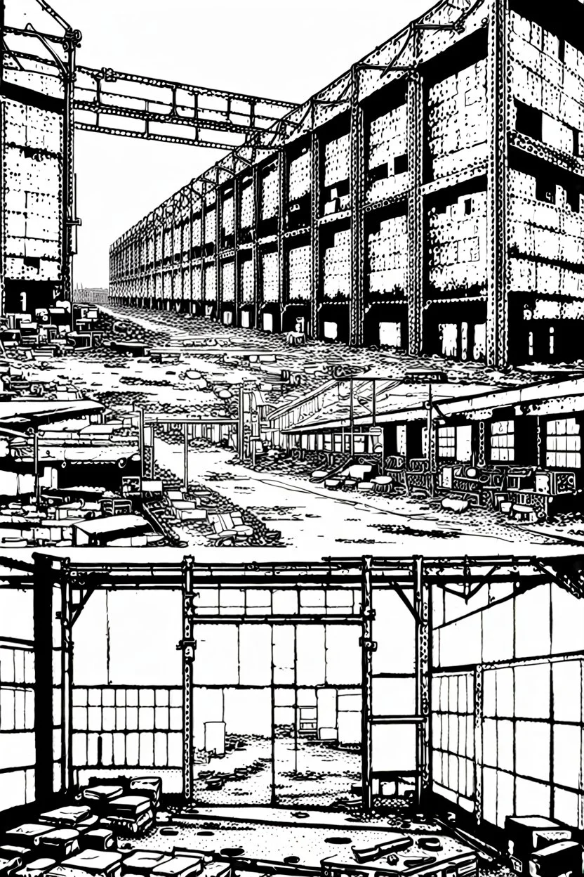 Abandoned industrial warehouses, line arts, manga style