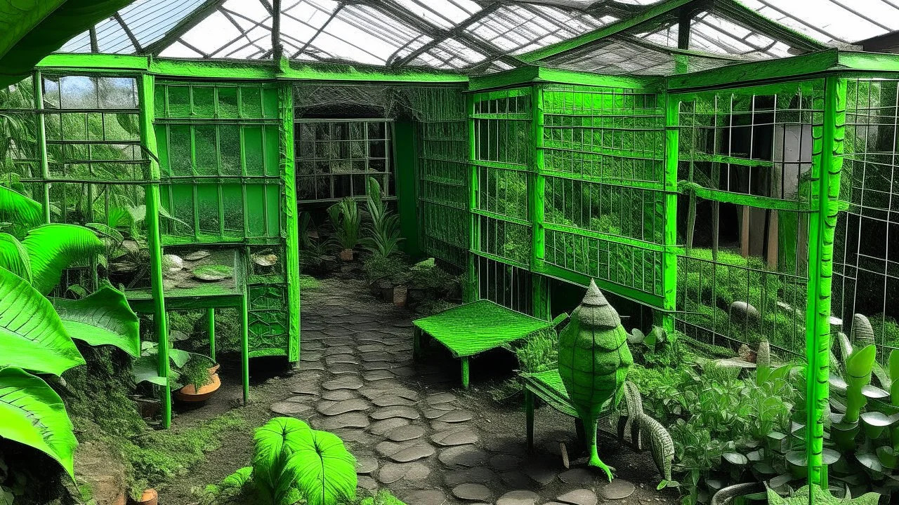 Invernadero verde esmeralda habitado por iguanas.