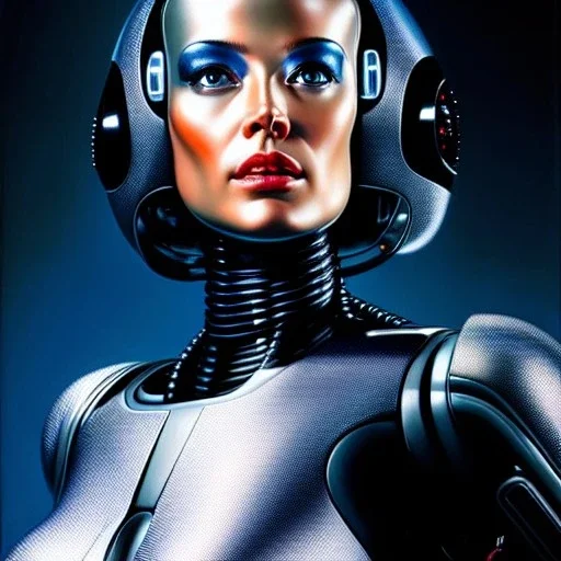 Ultra detailed fullbody Portrait in oil on canvas of female Robocop,extremely detailed digital painting,ultrarealistic skin,intense stare, extremely detailed face, crystal clear eyes, mystical colors ,perfectly centered image, perfect composition, rim light, beautiful lighting,masterpiece ,8k, stunning scene, raytracing, anatomically correct, in the style of Simon Bisley and uncannyknack and Ohrai Noriyoshi and robert e howard and Steve Jung.