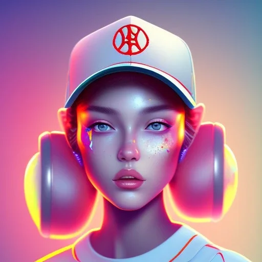 a girl wearing a baseball cap holding a small boombox in her hand, full shot. paint splashes, outrun, vaporware, shaded flat illustration, digital art, trending on artstation, highly detailed, fine detail, intricate