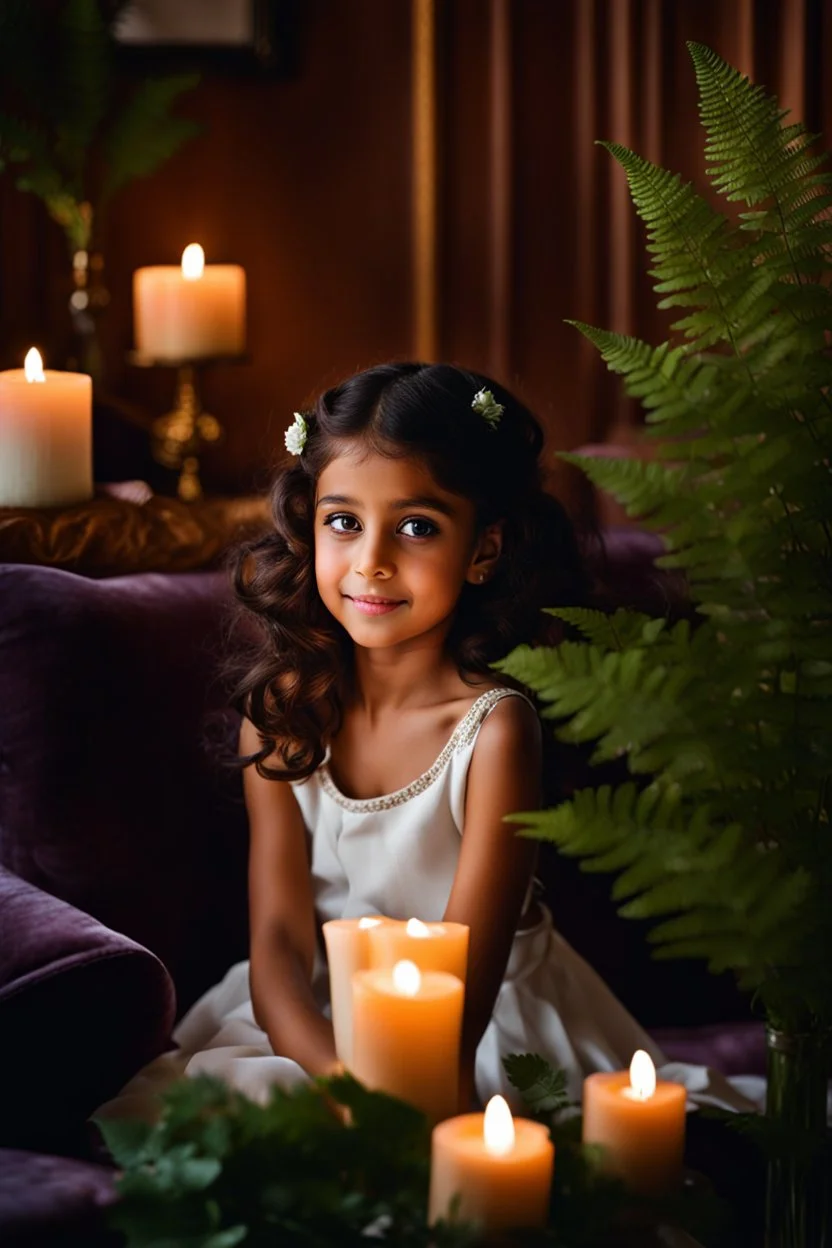 a young 8 years old girl sitting on a couch holding a bunch of flowers, tanned ameera al taweel, hair whitebangs hair, sitting on comfort, roses and lush fern flowers, with big eyes, in a room full of candles, a microscopic photo, cute photograph, from left