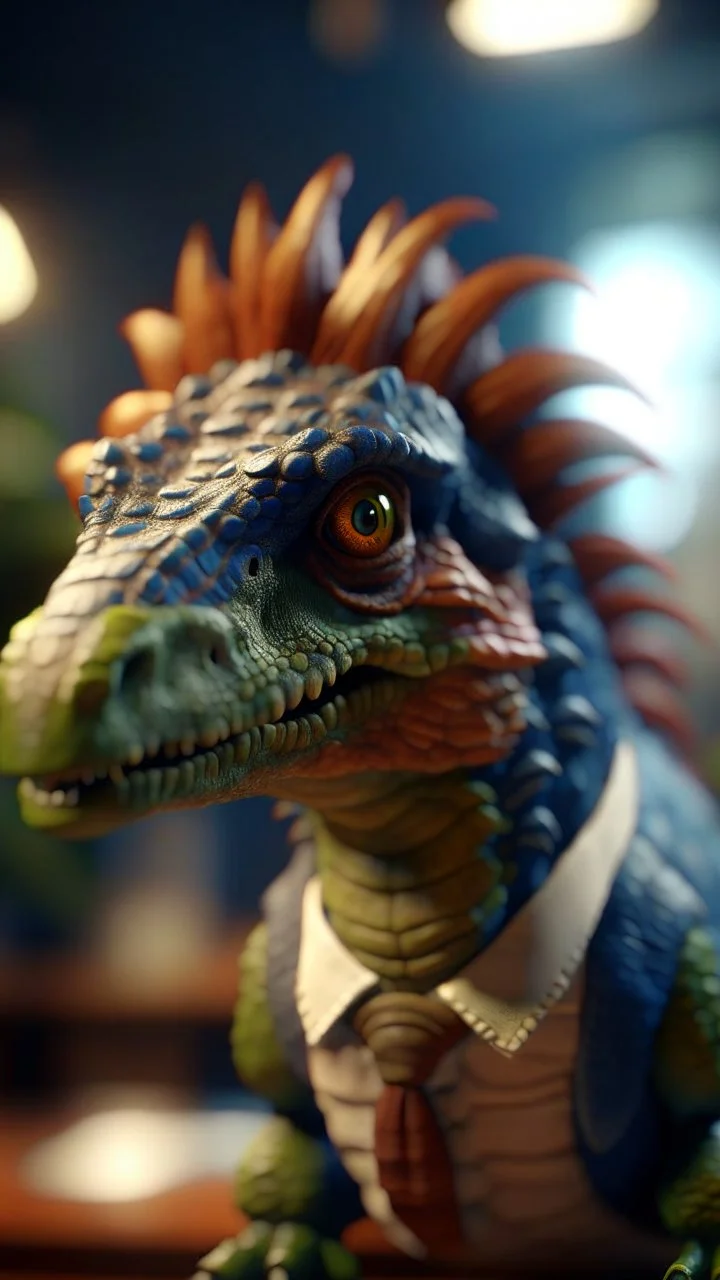 dinosaur with wig with 80s hair wearing a tie, shot on Hasselblad h6d-400c, zeiss prime lens, bokeh like f/0.8, tilt-shift lens 8k, high detail, smooth render, down-light, unreal engine, prize winning