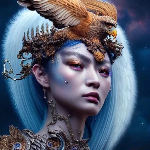 Insanely detailed photograph of an elaborate beautiful eagle goddess intricate glowing skin eyes intricate face hair lashes fur dress hyperdetailed painting by Anna Dittmann Huang Guangjian and Dan Witz CGSociety ZBrush Central fantasy art album cover art 4K 64 megapixels 8K resolution HDR Greek shiny space colours jewelry celestial hair eyes light"