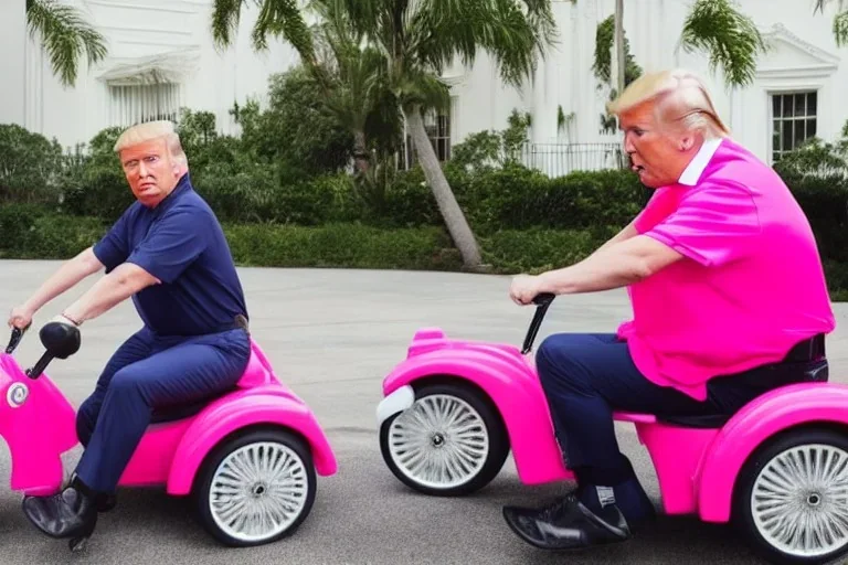 Photo of a donald trump riding a tricycle while wearing a pink polo shirt with the collar up