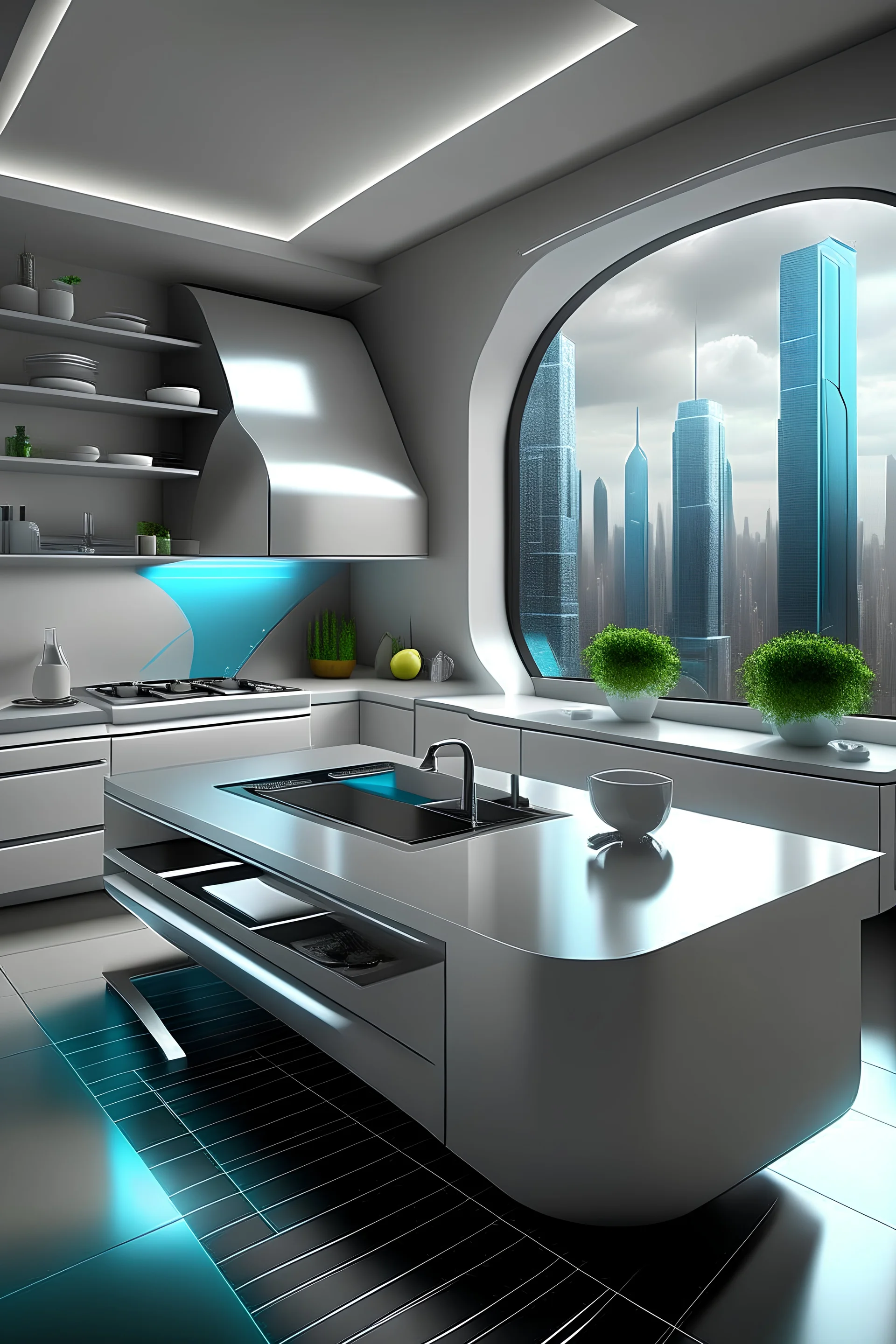 A {creative kitchen interior} designed in the {futurism style}, featuring a {comfy appearance} and a {stunning view} of a {rainy city} through a {big window}. The {kitchen} showcases {sleek, minimalist design}, {high-tech appliances}, and {innovative cooking stations}. The {color palette} should be {cool and sophisticated}, including {metallic grays}, {glossy whites}, and {subtle pops} of {vibrant colors}. The {big window} offers a {captivating view} of a {cityscape} enveloped in {rain}, with {g