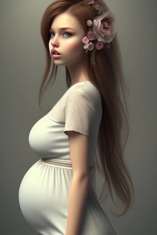 girl, cute, beautiful, pregnant, cottagecore dress, long hair, brown hair, wedding ring