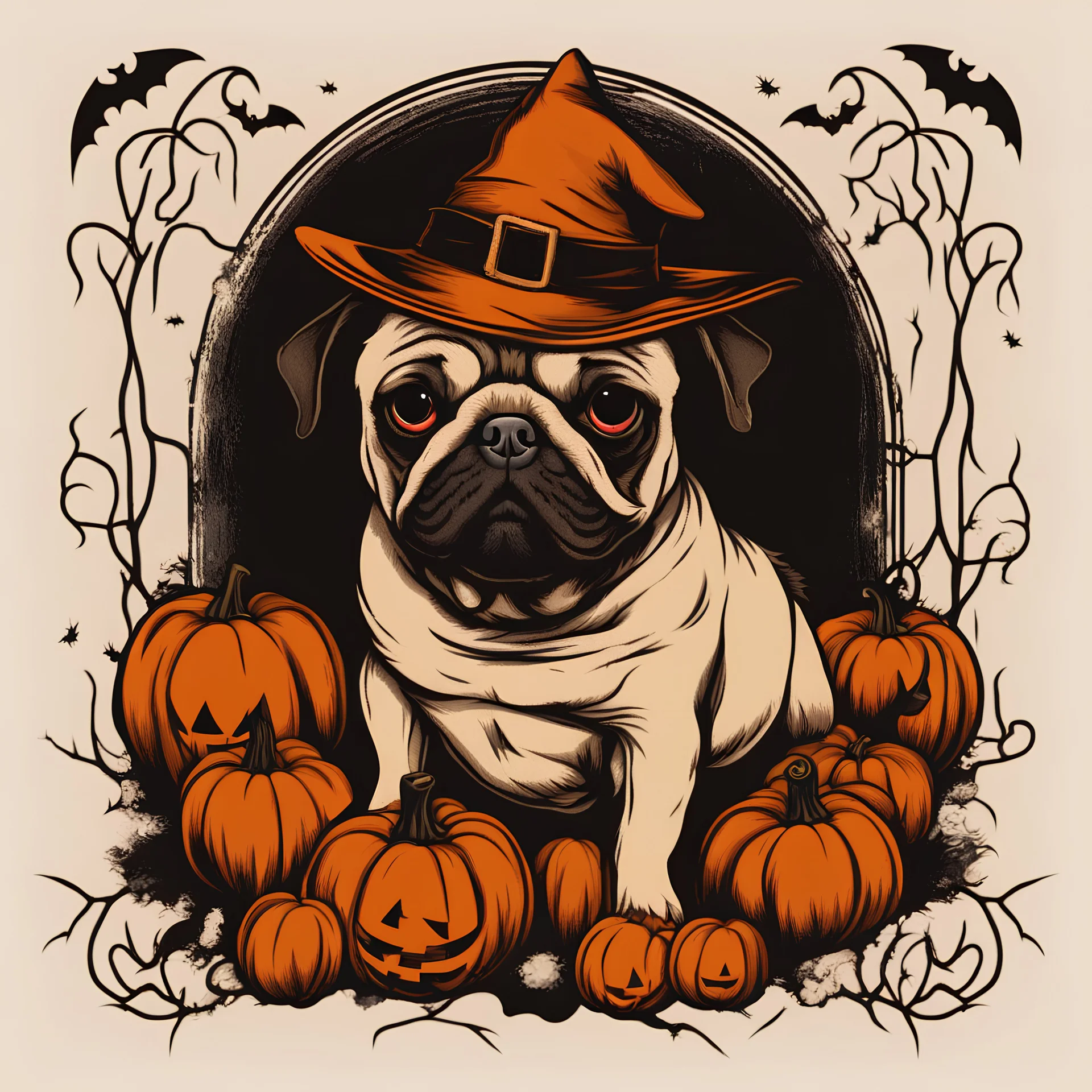 vintage halloween illustration vector T-shirt of a pugdog HAPPY HALLOWEEN no background