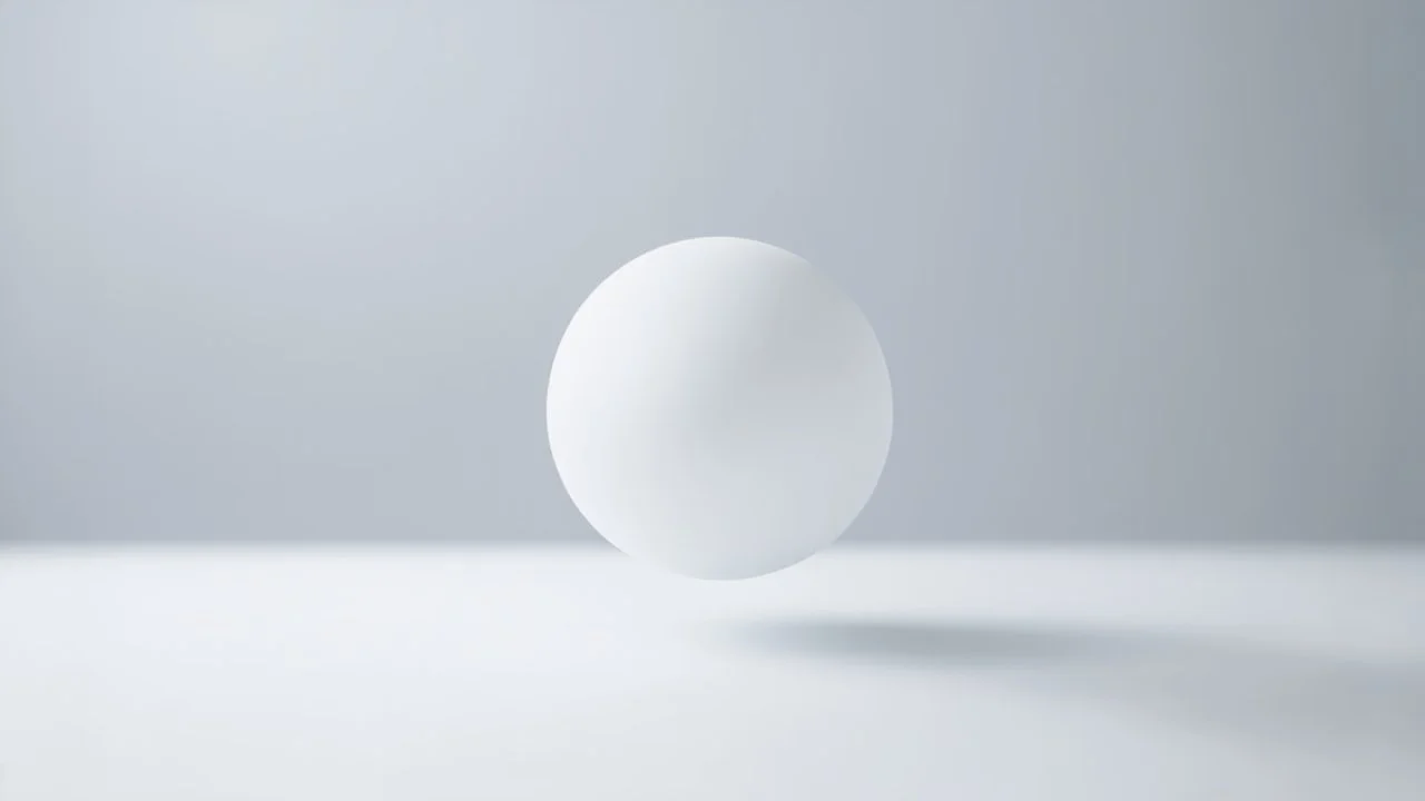 Create an image featuring a lone, pure geometric figure, like a smooth, white sphere, floating purposefully in an infinite, minimalist space. The background should be composed of a seamless, gradient transitioning from soft white to a very light grey, emphasizing the vast emptiness and the sense of infinity. The sphere should cast a subtle, soft shadow that gently fades into the background, enhancing the spatial depth and minimal aesthetic. The overall atmosphere should evoke tranquility, simpli