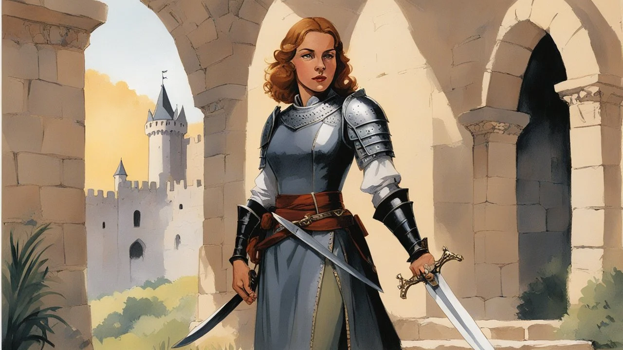 illustration of Joan of Arc with a agent provocateur linen dress with a zweihander sword in the castle for Osprey Publishing’s by Angus McBride