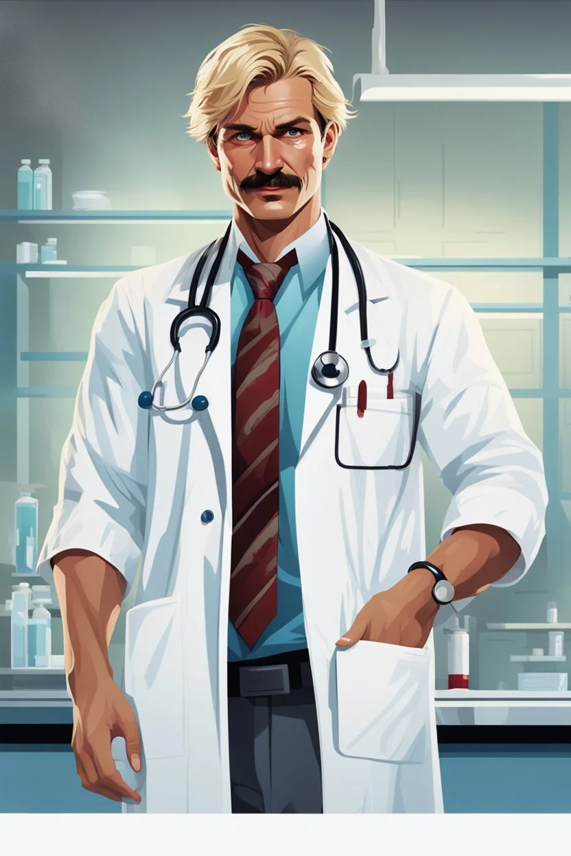 Mid-thirties, Caucasian male doctor, creepy smile, messy blonde hair, blonde thick mustache, pale blue eyes, broad shoulders, muscular, six foot, Hawaiian shirt under white lab coat, bloodstains at the edges of the lab coat. Strong Jaw line, surrounded by shadows, photo realistic