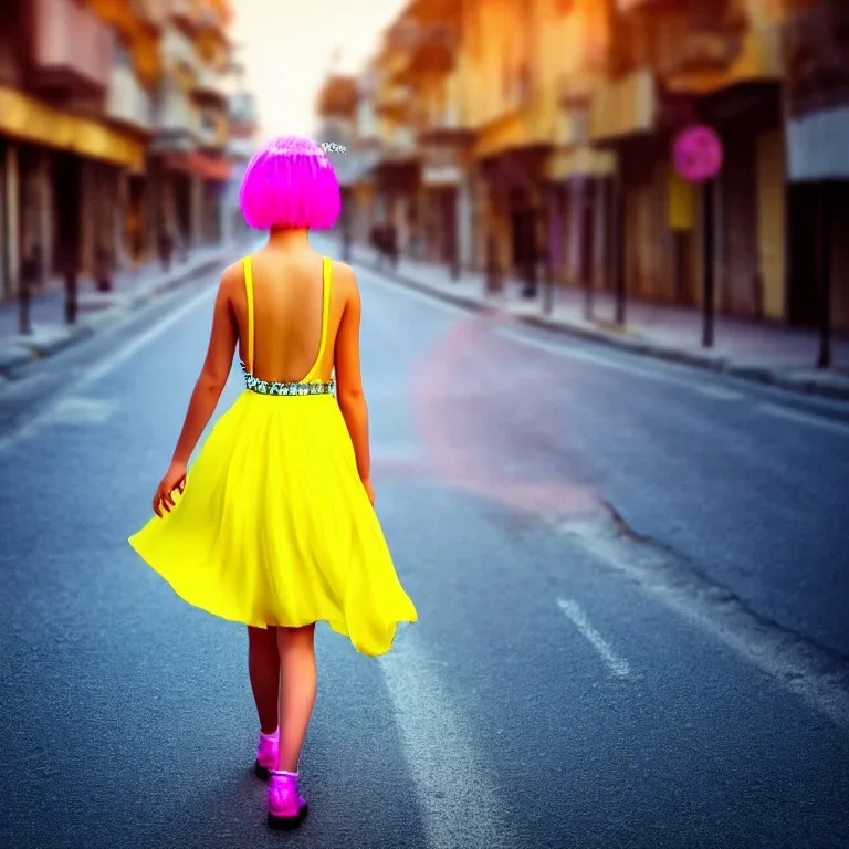 Beautiful lonely girl who walks along a street without people at dawn. You see her from behind. She wears very short yellow dress. She has short pink hair with glowing crystals. Full body, 8k resolution concept art. Professional Photo HD. Stylish. Warm vivid colors. Panoramic