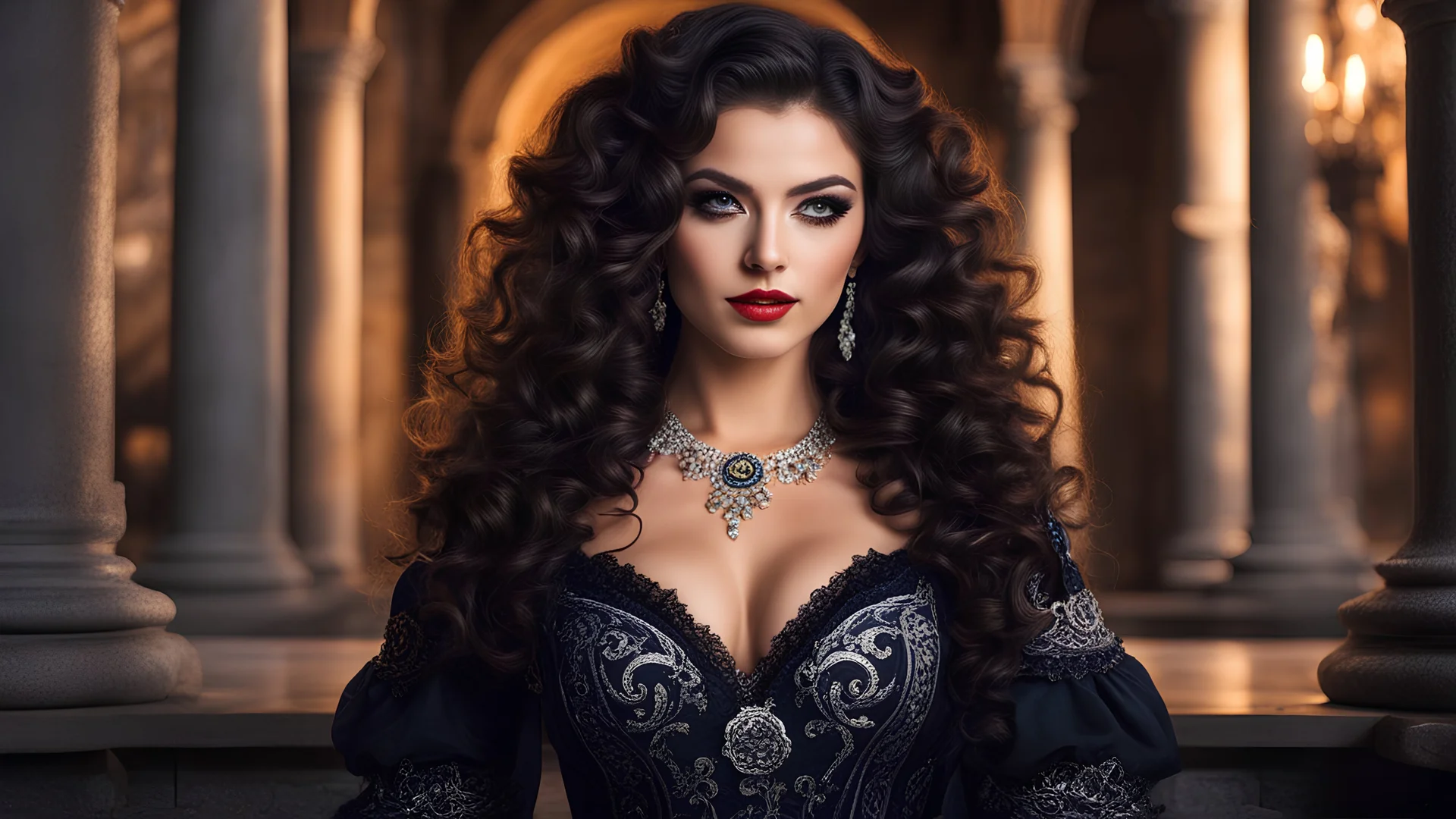 <lora:LowRA:0.6> dark theme, (upper body portrait shot:1.2), a pretty cute woman with curly long hair, joy emotion, (looking at viewer:1.2), (colored makeup Dia de los Muertos:1.25), (dynamic pose, action packed:1.1), posing in luxury castle, wreath of roses (on head:1.2), intricate detailed long (red dress:1.3) with black lace details, 4k, 8k, (intricate details:1.12), hdr, (intricate details, hyperdetailed:1.15), soft cinematic light, dramatic atmosphere, atmospheric perspective