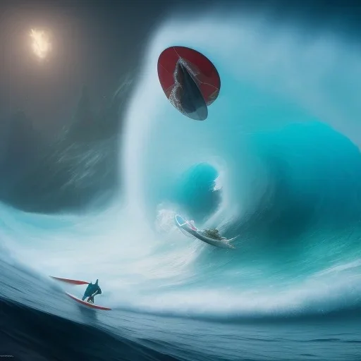 Santa standing of surfboard surfing a big wave, empty hands, beach, character design by cory loftis, fenghua zhong, ryohei hase, ismail inceoglu and ruan jia. unreal engine 5, artistic lighting, highly detailed, photorealistic, fantasy