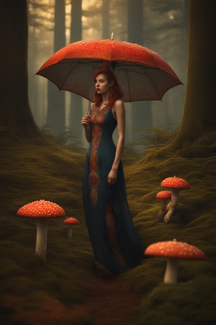 tall slim woman in a dress, in a forest, holding an umbrella made from a fly agaric mushroom, detailed matte painting, deep colour, fantastical, intricate detail, complementary colours, fantasy concept art, 8k resolution, Unreal Engine 5