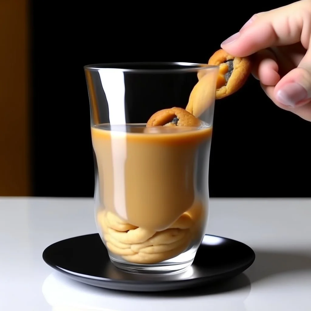 Pour milk into a clear glass cup. Inside the cup is a whole cookie.