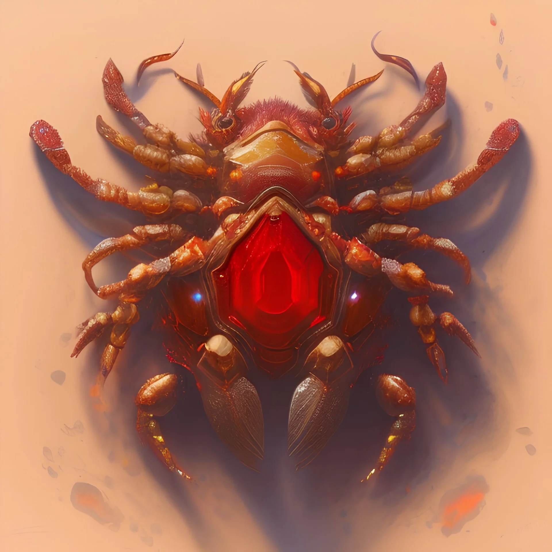 Red Ruby gemstone encrusted crab 8k resolution concept art by Greg Rutkowski dynamic lighting hyperdetailed intricately detailed Splash art trending on Artstation triadic colors Unreal Engine 5 volumetric lighting Alphonse Mucha WLOP Jordan Grimmer orange and teal"