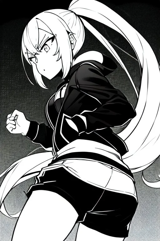 blonde girl with ponytails dressed in a jacket and shorts walks angry, greyscale