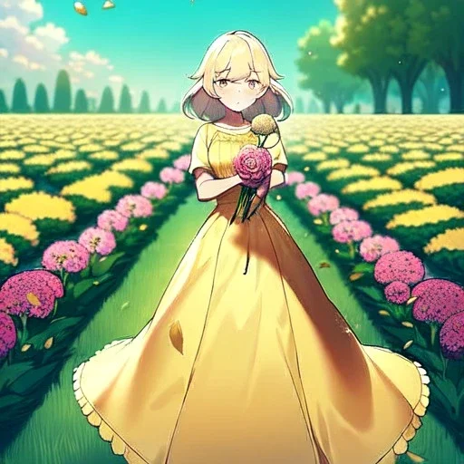 anime girl holding on to a dried dandelion flower and blowing the dried seeds into the air as the wind carries them away. outdoors scene.anime girl standing in a meadow of flowers. thw wind is blowing flower pedals into the wind. girl wearing yellow dress. more emphasis on seeds floating in the air. lots of seeds floating the air