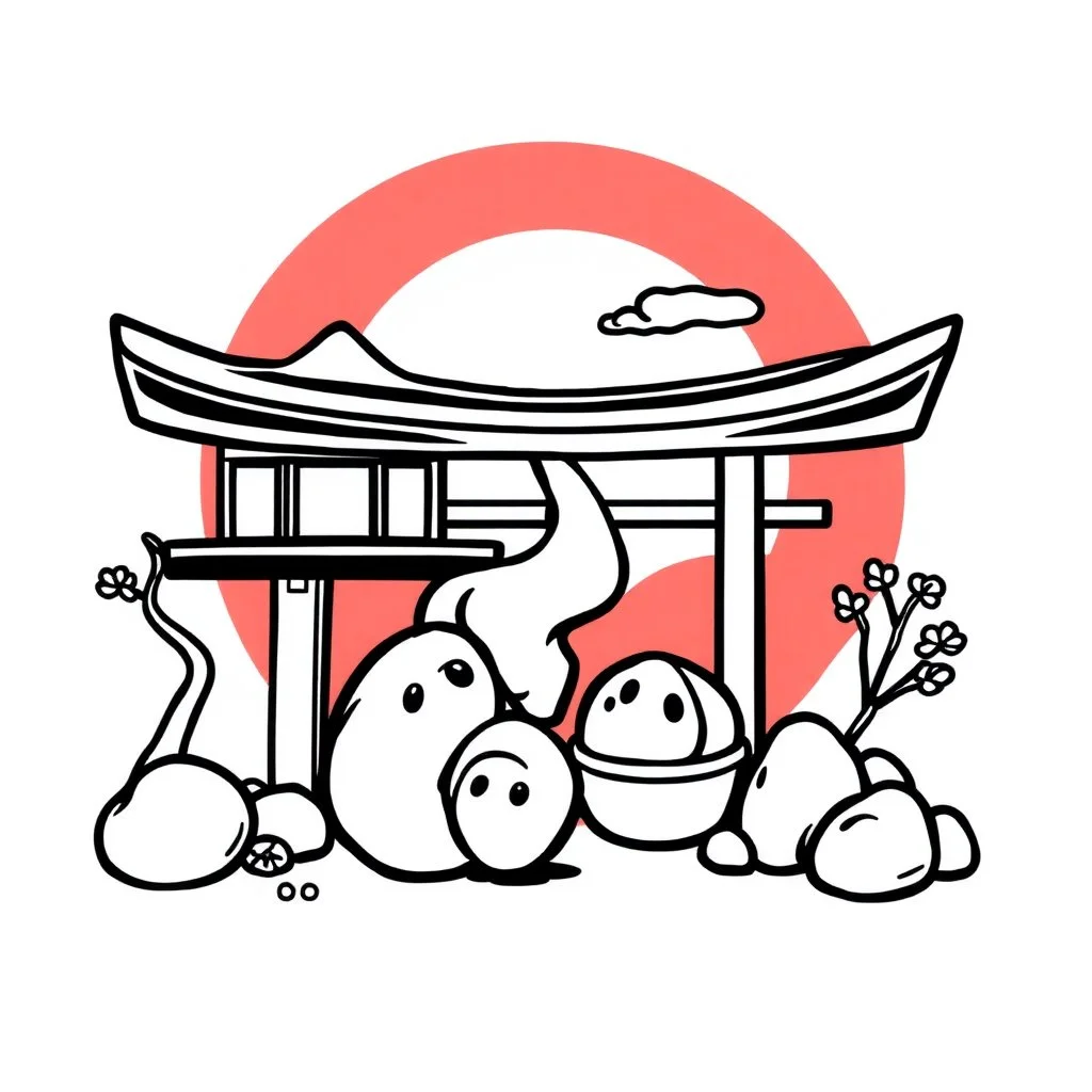 bold and easy,Cozy Japan.. Each has very thick black outlines, making the details simple and fun to color colors, must be black and white and should have very few backgrounds or no backgrounds.