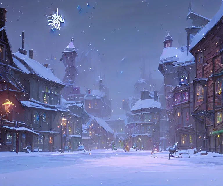 A snowy warlock town with a magical Christmas tree