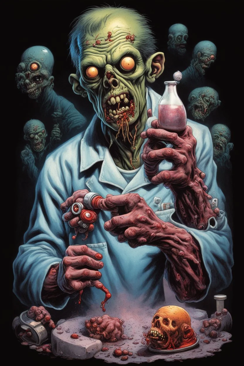 Science experiment Horror zombie surgeon by Richard Corben, Todd Schorr, T-Shirt Design, Black Background