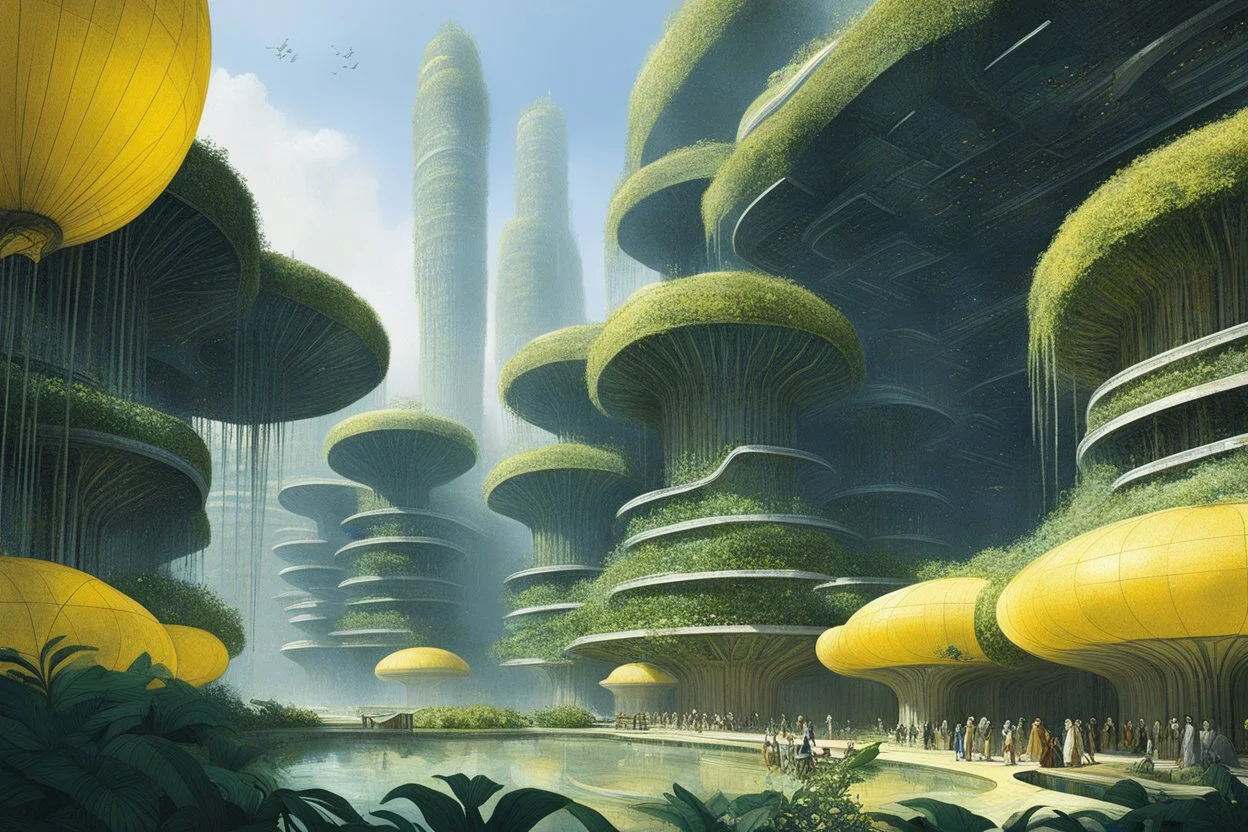 [high res illustration by Jean-Claude Meziere with Kupka's palette] The Hanging Gardens of Babylon, once a marvel of ancient beauty, now transformed into a futuristic starship construction site that rivals even the grandeur of Utopia Planitia. The air hums with the sound of machinery and the scent of metal and innovation. Giant futuristic black and yellow Graviton Lifters goes in all directions, lifting massive starship pieces into place, while teams of engineers and technicians scurry about, wo