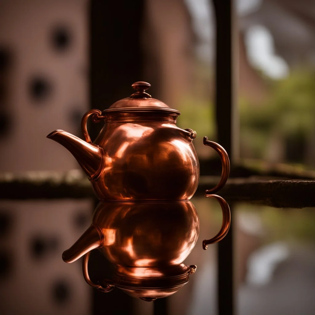 The reflection of a child on the surface of an old copper teapot