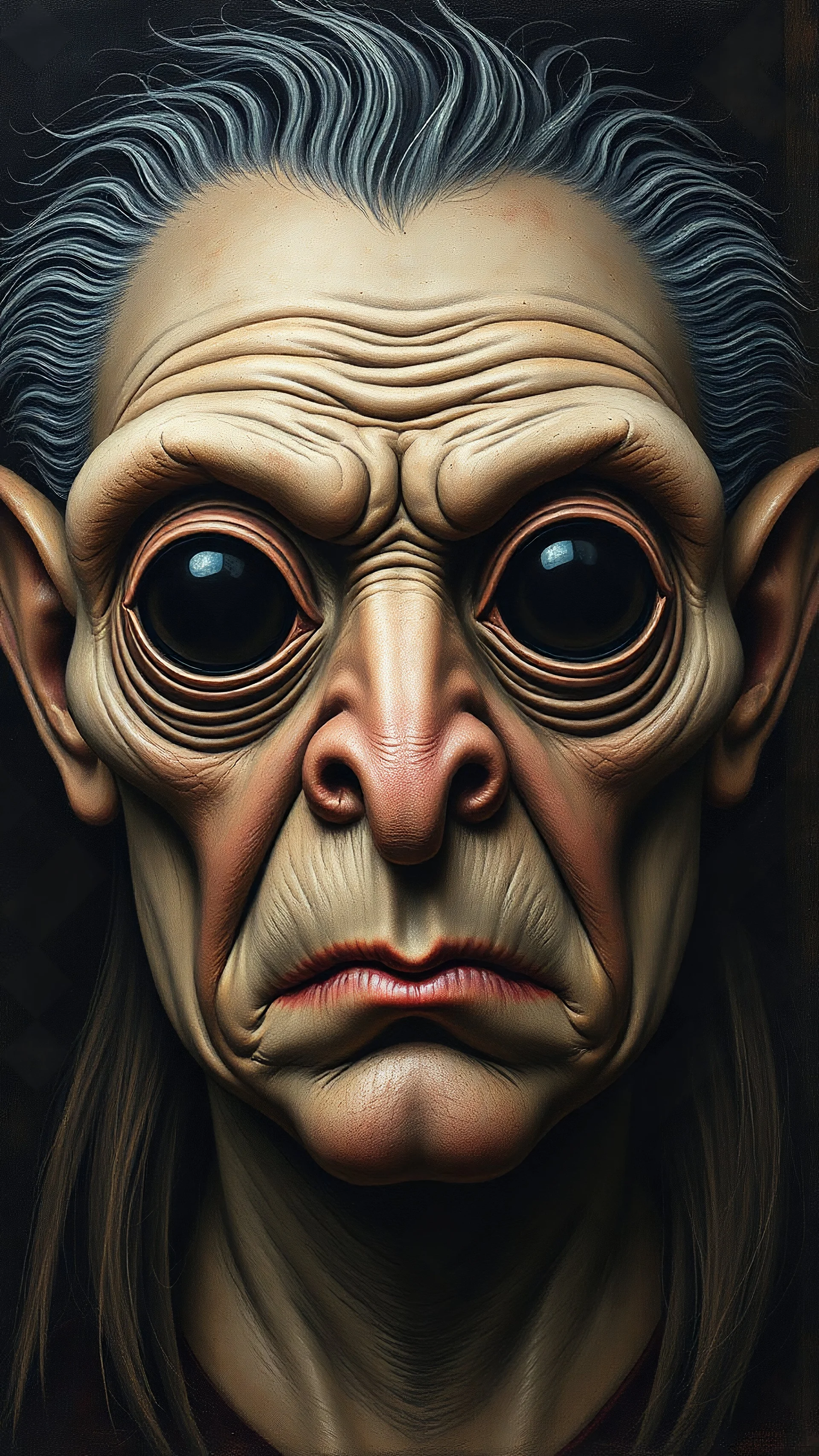 Hieronymus Bosch style of a man fat face with alien dark black big eyes and grey hair