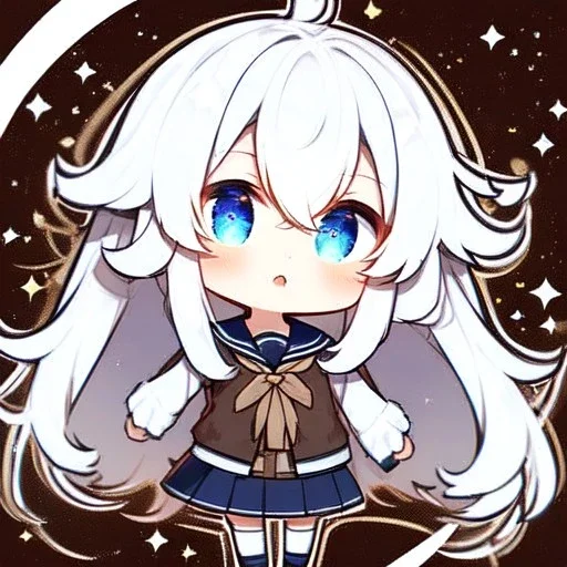 Clear focus, High resolution, long white hair, hair between eyes, straight long locks, sparkling blue eyes, wearing a sailor uniform, wearing a sailor skirt, wearing a brown vest, cute, 1girl, fluffy hair, cute, chibi, cartoon, rough line art