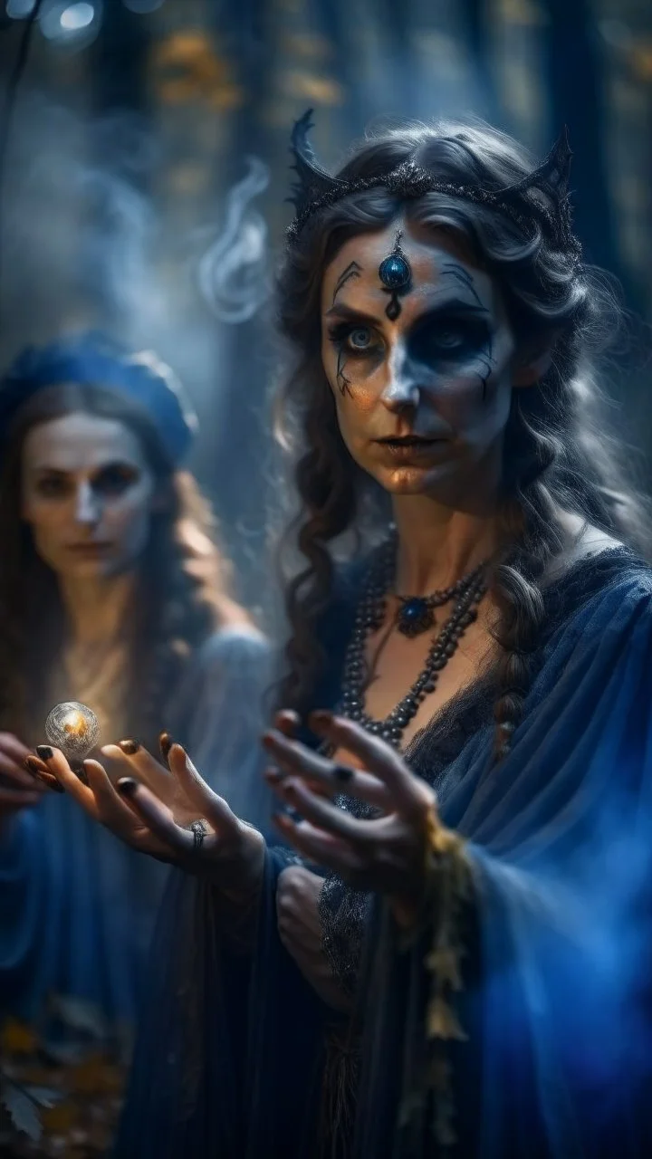 close up portrait of merciless medieval countess and her creepy sister in big eyed trance, delicate hands, full moon, swirly mist,autumn wind, performing arcane invocation ritual of smoke demon with immense power on luminous stone altar in dark forest grove, shot on Hasselblad h6d-400c, zeiss prime lens, bokeh like f/0.8, tilt-shift lens 8k, high detail, smooth render, down-light, unreal engine, prize winning