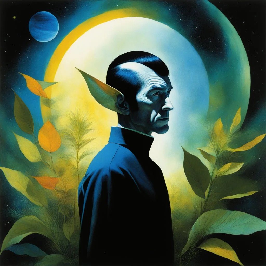 [art by Dave McKean] As Spock pointed ears explored the strange planet, he was captivated by a vibrant alien plant. Its iridescent leaves shimmered in the sunlight, beckoning his logical mind. With precision, he studied its intricate structure, uncovering hidden truths. A sense of awe mingled with his scientific curiosity, transcending logic.