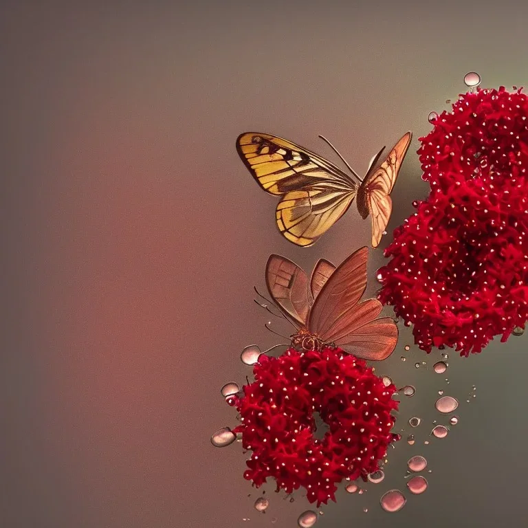 Прозрачная Бабочка из воды в тумане и букет венок красные стеклянные цветы в жемчужном сиянии капли дождя