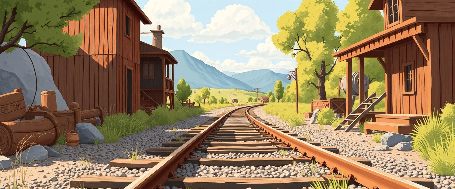 old western railroad track, childrens book illustration
