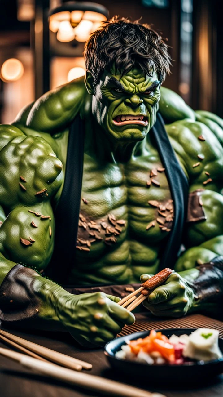 a hulk eating sushi with chopsticks, moody good lighting, best quality, full body portrait, true portrait, complex details, depth of field, Fujifilm xt3, outdoor, beautiful light, raw photo, 8K UHD, police