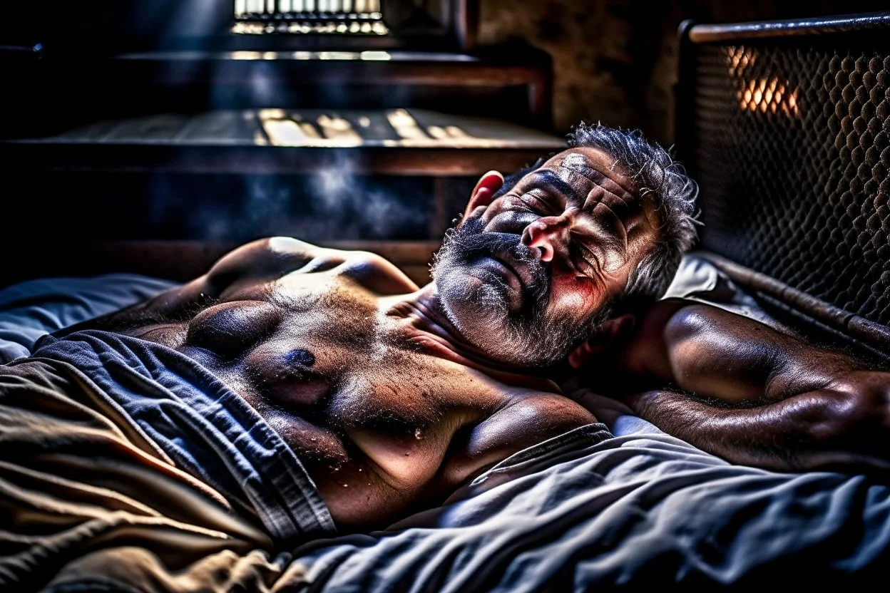 full body shot close photography of a sweat dirty marocan prisoner in cell sleeping lying down on a bed , manly chest, muscular hairy shirtless, muscular strong chubby 56 years old, low lights, ajar mouth, short beard, misery and poverty, dim light enters from a skylight above, lights from above, photorealistic, ambient occlusion, aerial view