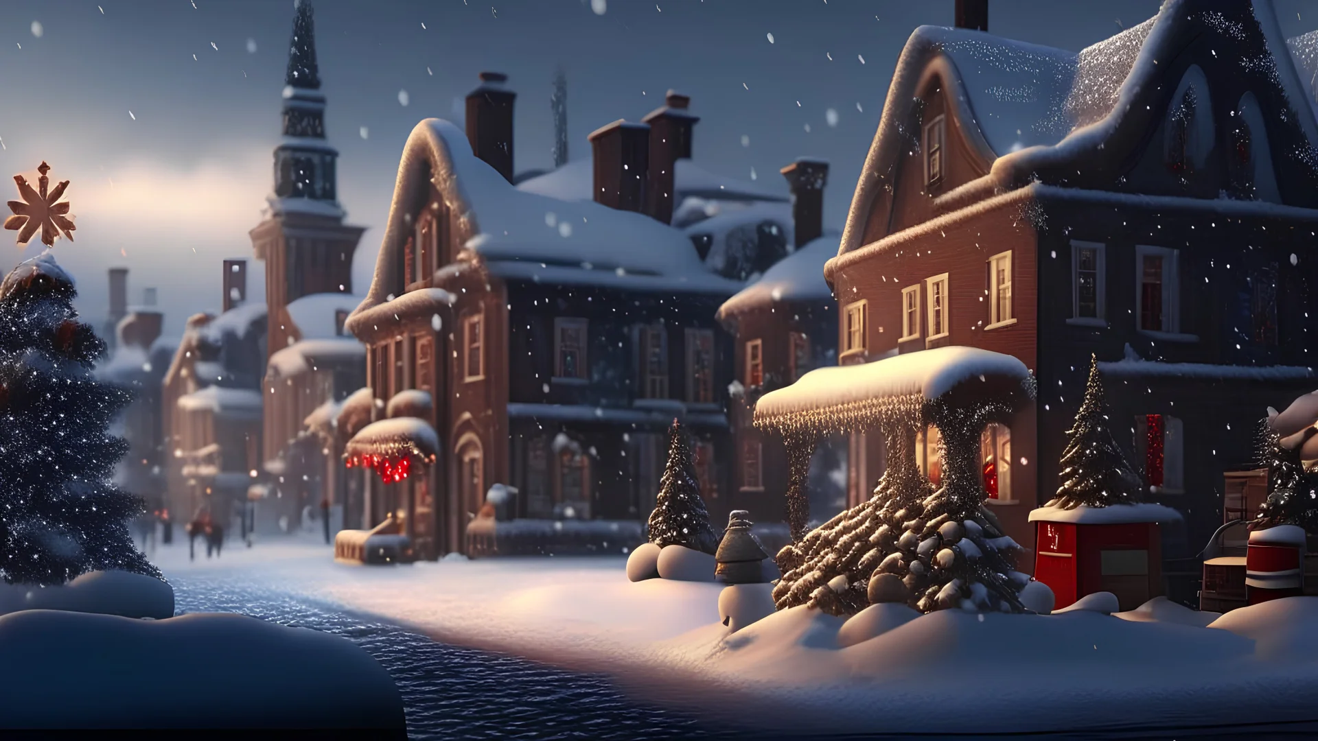 christmas time,snow in the background , a town with christmas decorations in the backround,18k resolution realistic look