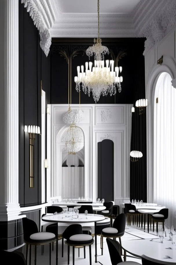 "Depiction of a neoclassical restaurant with black-and-white and residential-colored tables and chairs, along with chandeliers for lighting." Wiko is simple