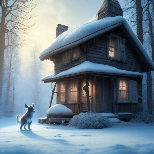 SAD,SCARED, LONELY DOG TIED UP IN FRONT OF HOUSE, winter, 8k resolution, high-quality, fine-detail, intricate, digital art, detailed matte, volumetric lighting, illustration, 3D octane render, brian froud, howard lyon, selina french,