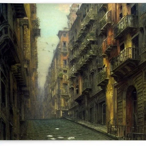 Skyline Genoa, uphill road, Ligurian architecture , by Jeremy mann, point perspective,intricate detailed, strong lines, John atkinson Grimshaw,