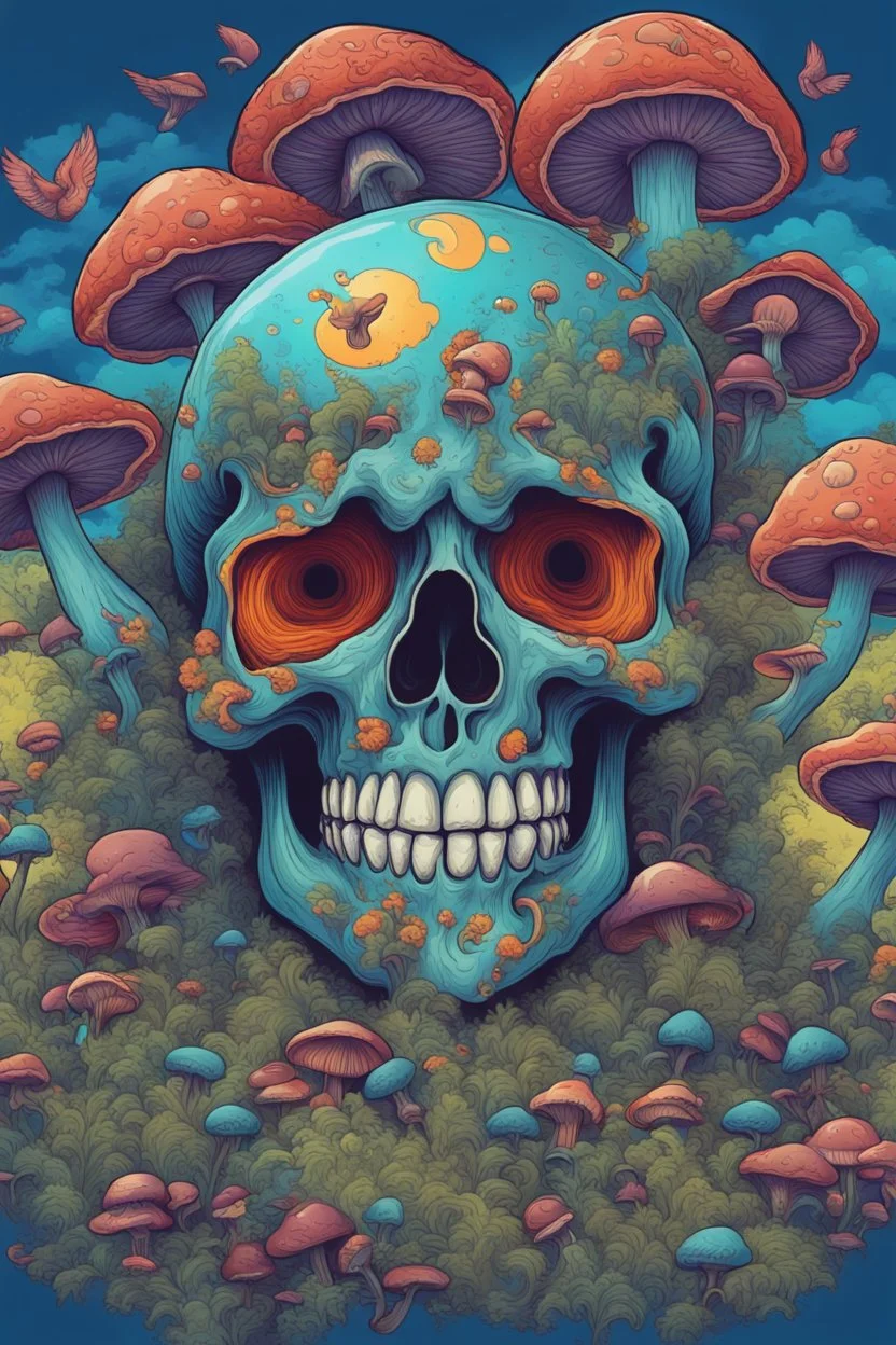 Psychedelic skull looking high and grinning, surrounded by clouds and overgrown with psychedelic mushrooms. Birds flying around the skull. Digital drawing. Colorful. t-shirt design. Cartoon. Digital cartoon. Mid detailed. Super happy. Cheerful. Light hearted. Colorful. Vibrant colours.