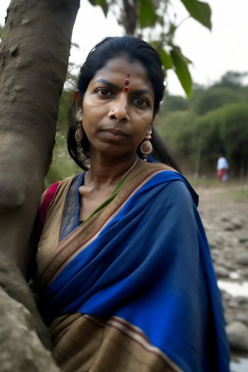 a woman wearing a modern saree, standing near a tree, long face